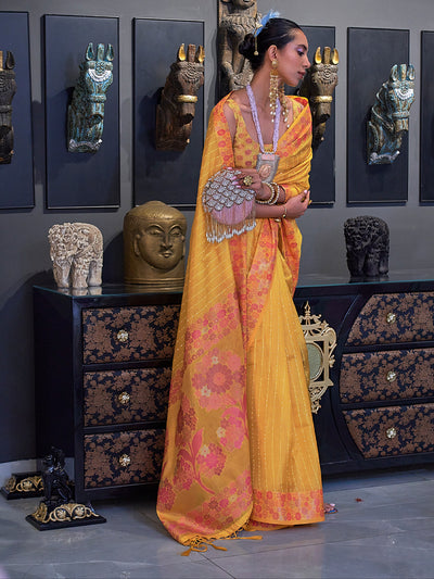 Odette Women Yellow Organza Woven Saree With Unstitched Blouse