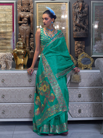 Odette Women Sea Green Organza Woven Saree With Unstitched Blouse