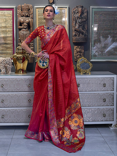 Odette Women Red Organza Woven Saree With Unstitched Blouse
