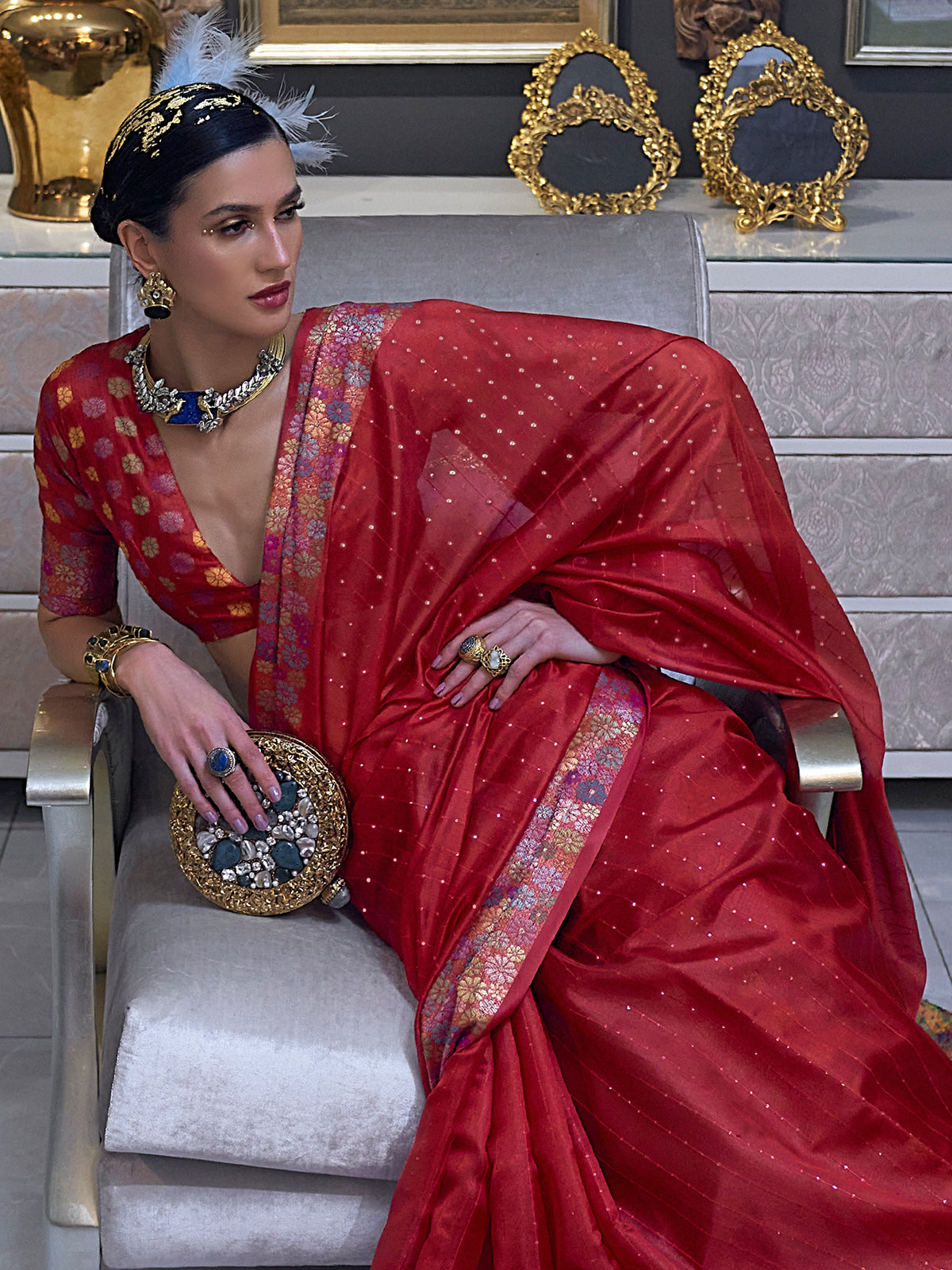 Odette Women Red Organza Woven Saree With Unstitched Blouse