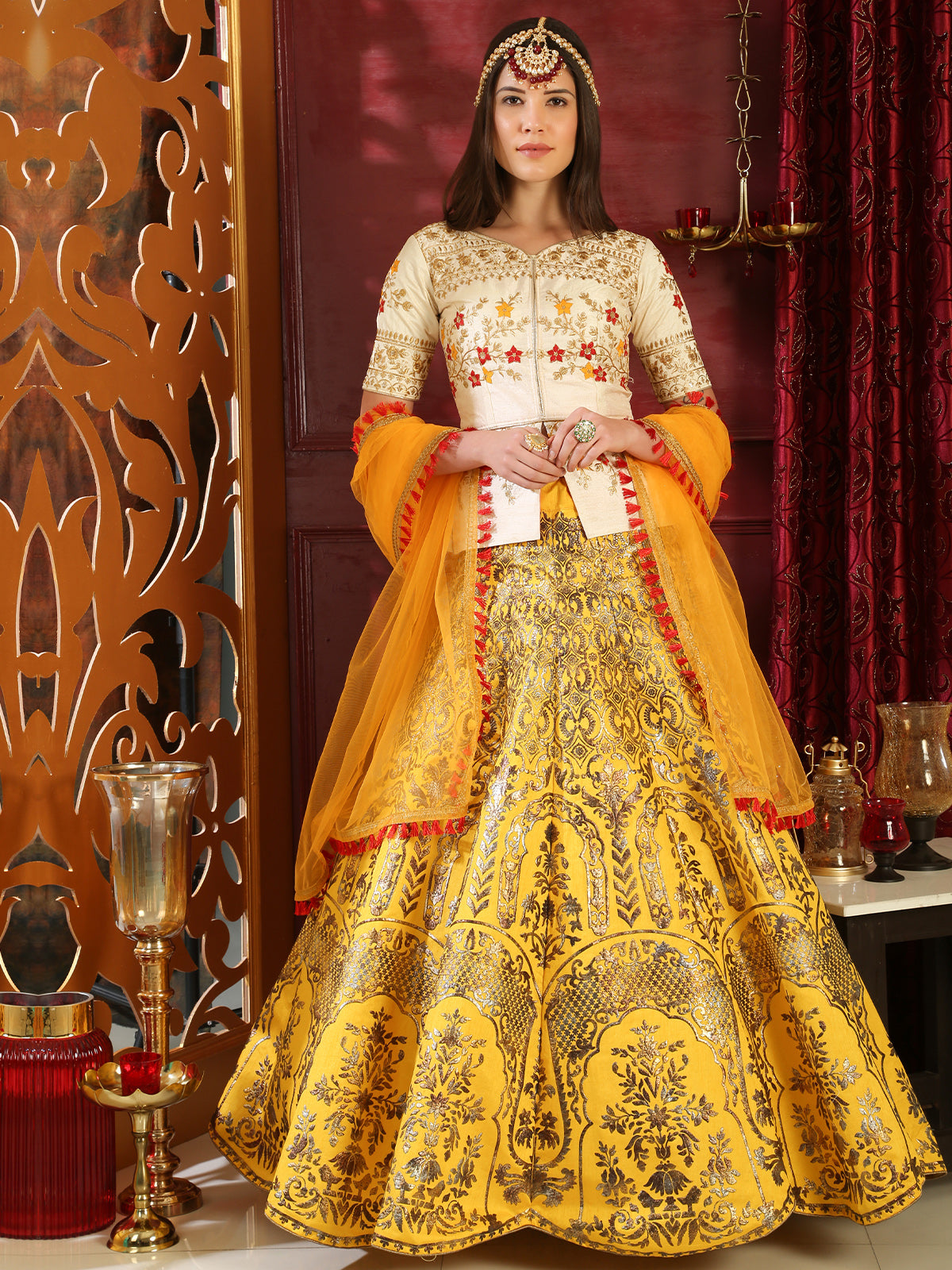 Odette Women Yellow Silk Foil Work Semi Stitched Lehenga With  Unstitched Blouse