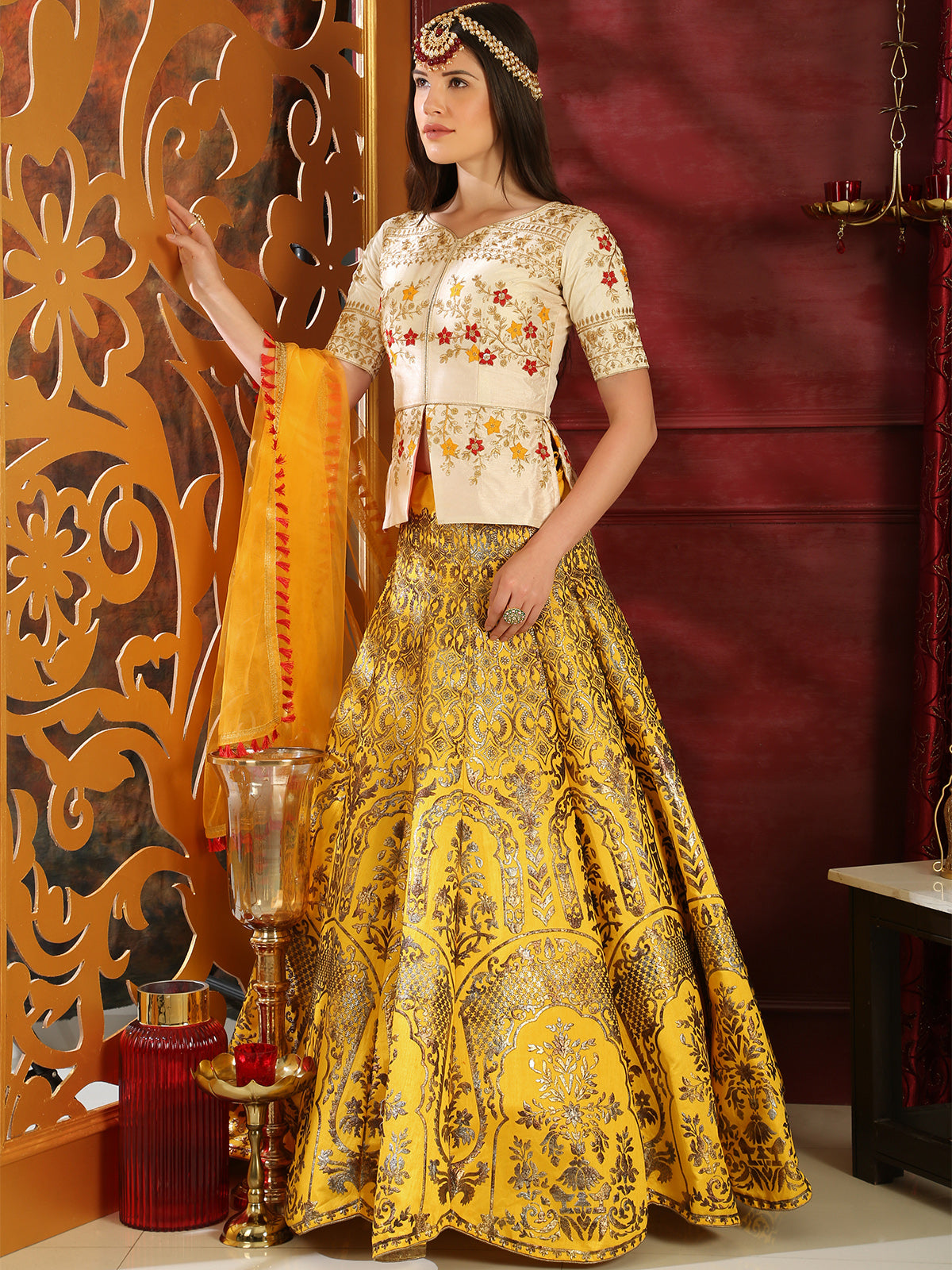 Odette Women Yellow Silk Foil Work Semi Stitched Lehenga With  Unstitched Blouse