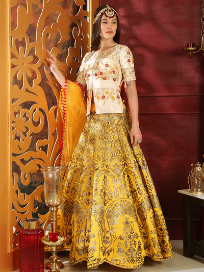 Odette Women Yellow Silk Foil Work Semi Stitched Lehenga With  Unstitched Blouse