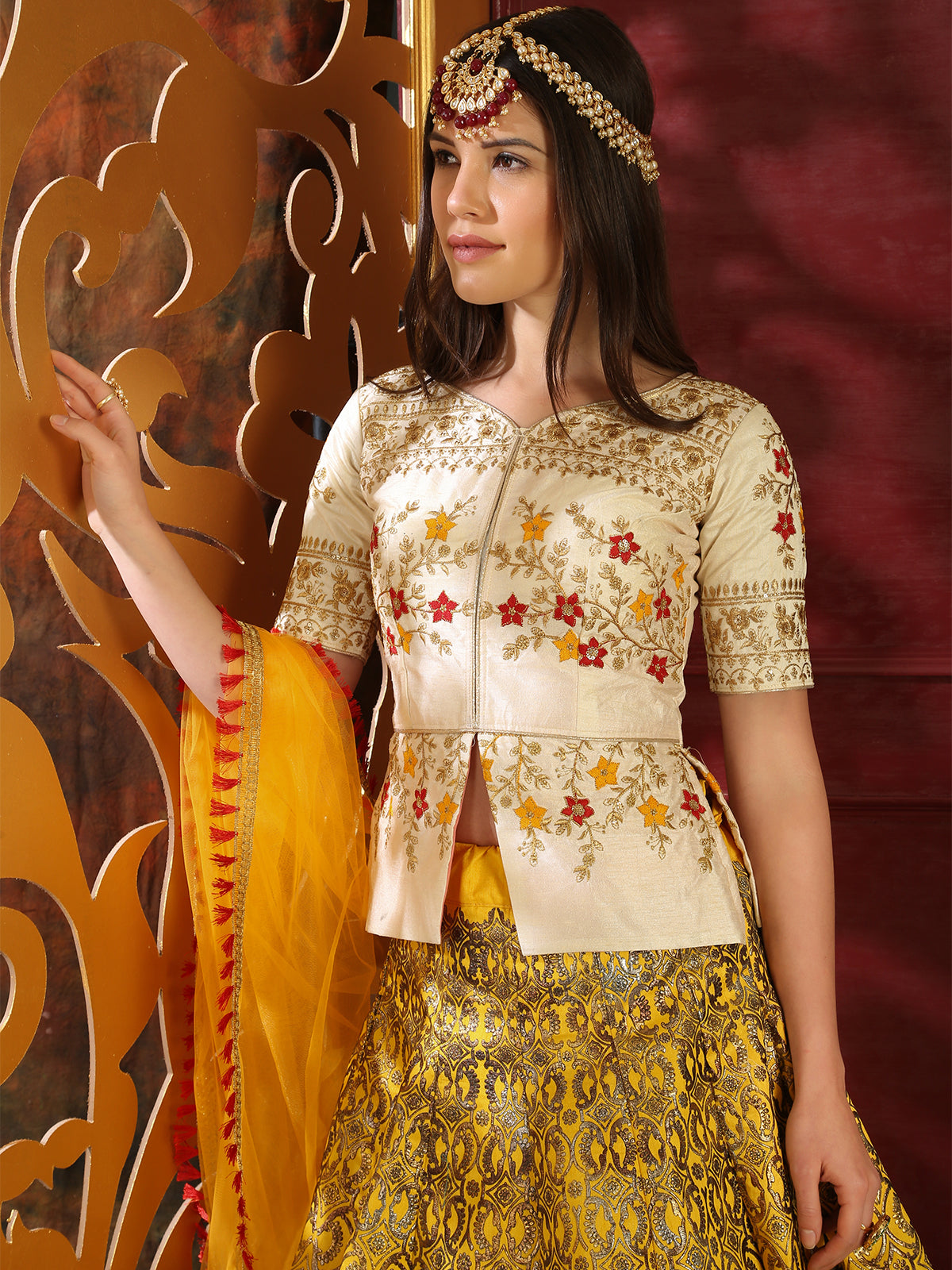 Odette Women Yellow Silk Foil Work Semi Stitched Lehenga With  Unstitched Blouse