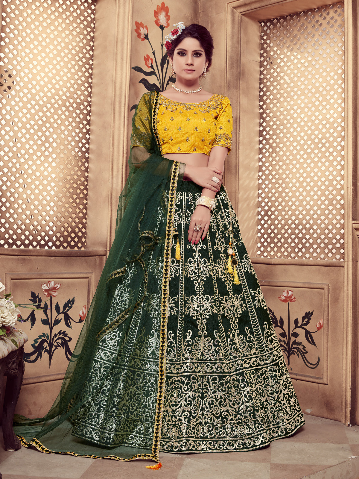 Odette Women Dark Green Silk Foil Work Semi Stitched Lehenga With  Unstitched Blouse