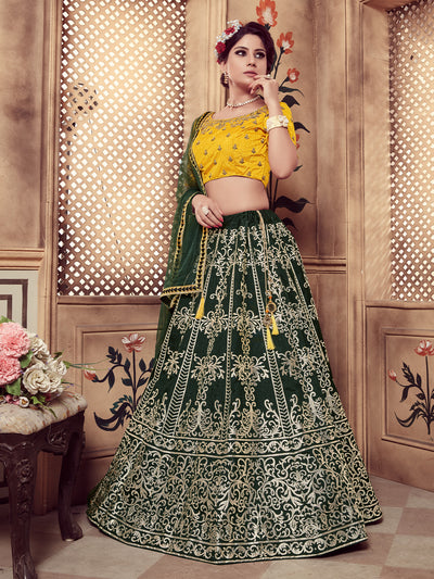 Odette Women Dark Green Silk Foil Work Semi Stitched Lehenga With  Unstitched Blouse