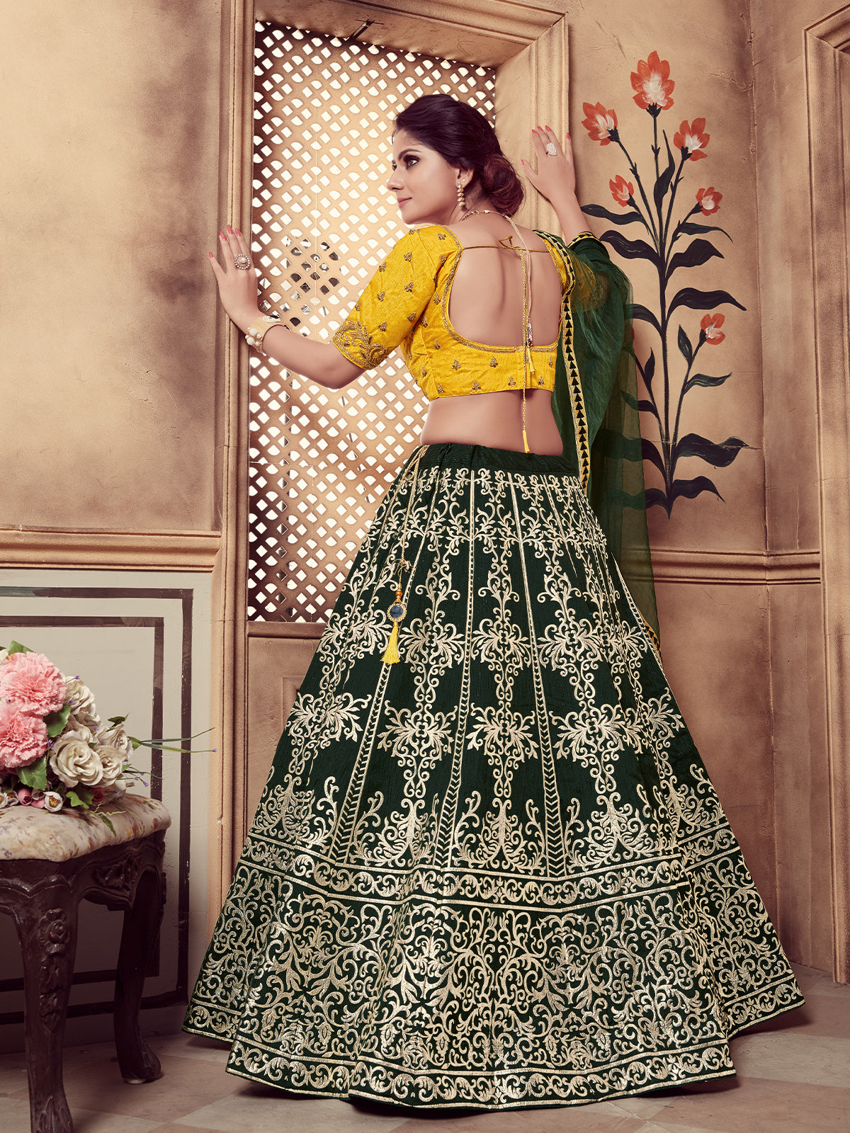 Odette Women Dark Green Silk Foil Work Semi Stitched Lehenga With  Unstitched Blouse