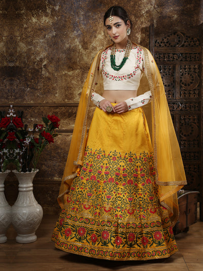 Odette Women Mustard Yellow Thai Silk Embroidered Semi Stitched Lehenga With  Unstitched Blouse