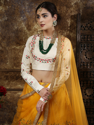 Odette Women Mustard Yellow Thai Silk Embroidered Semi Stitched Lehenga With  Unstitched Blouse