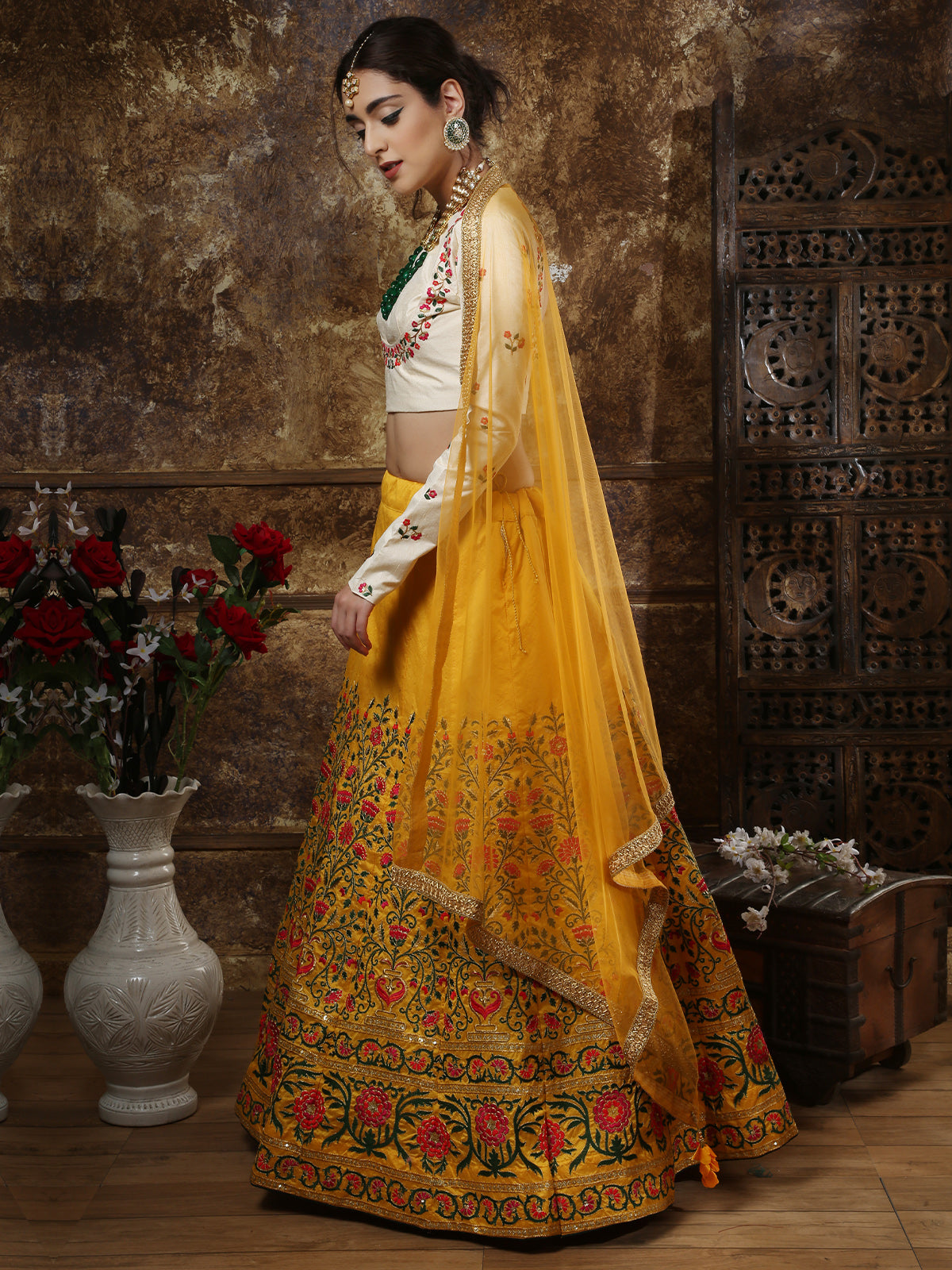 Odette Women Mustard Yellow Thai Silk Embroidered Semi Stitched Lehenga With  Unstitched Blouse