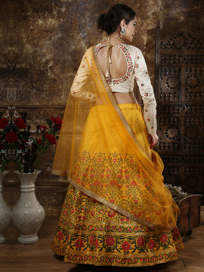 Odette Women Mustard Yellow Thai Silk Embroidered Semi Stitched Lehenga With  Unstitched Blouse