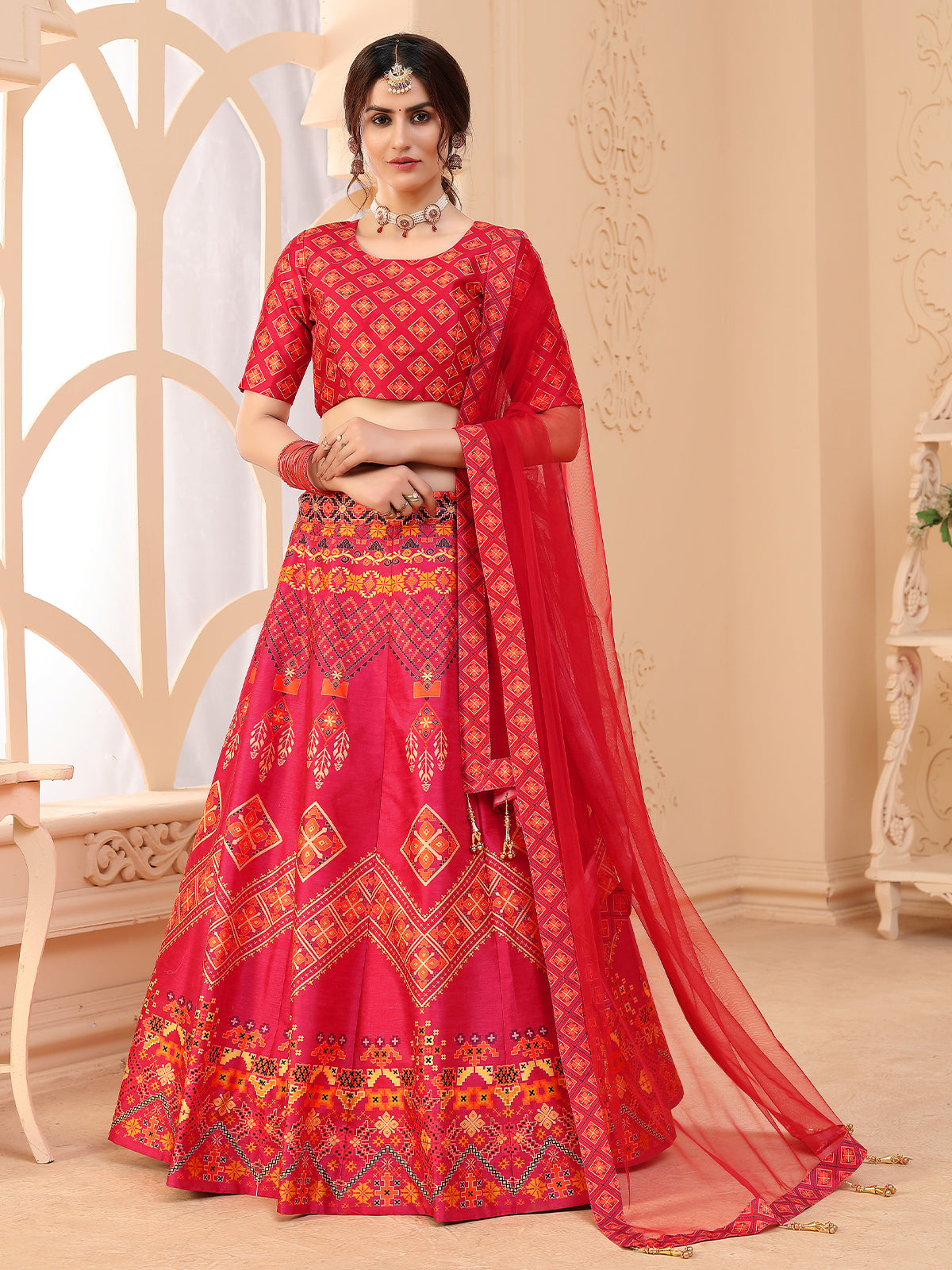 Odette Women Magenta Semi Stitched Lehenga With  Unstitched Blouse