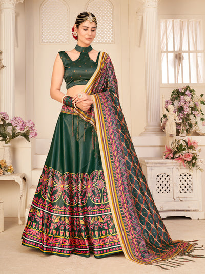 Odette Women Dark Green Semi Stitched Lehenga With  Unstitched Blouse