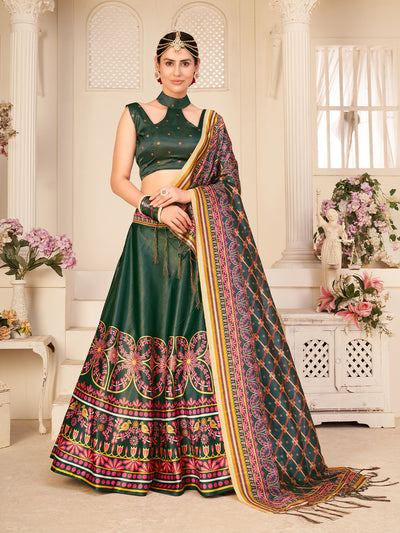 Odette Women Dark Green Semi Stitched Lehenga With  Unstitched Blouse