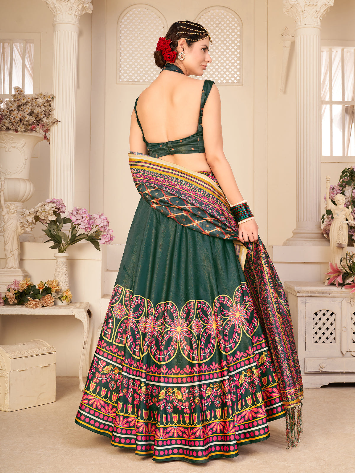 Odette Women Dark Green Semi Stitched Lehenga With  Unstitched Blouse