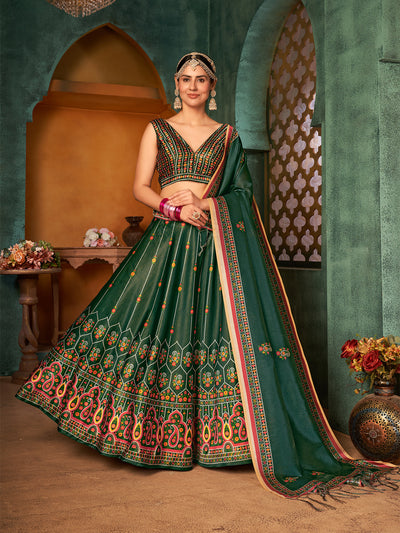 Odette Women Dark Green Semi Stitched Lehenga With  Unstitched Blouse