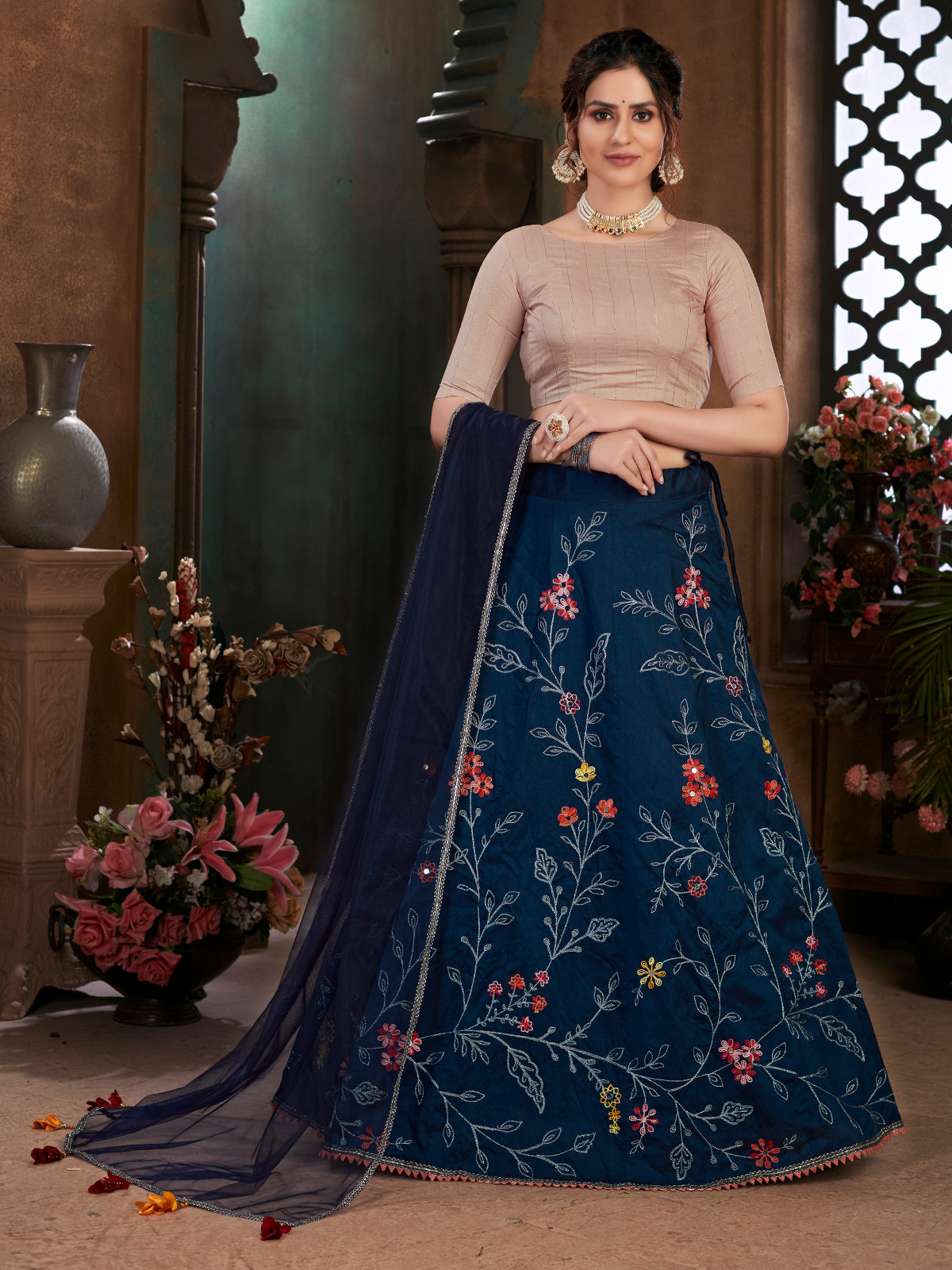 Odette Women Navy Blue Semi Stitched Lehenga With  Unstitched Blouse