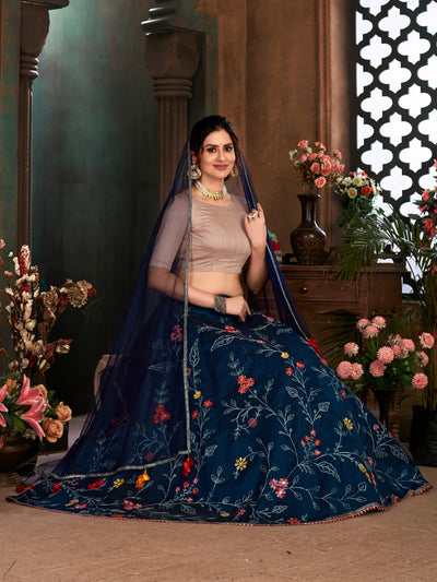 Odette Women Navy Blue Semi Stitched Lehenga With  Unstitched Blouse