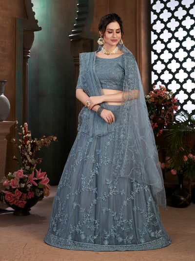 Odette Women Grey Semi Stitched Lehenga With  Unstitched Blouse