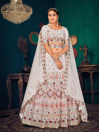 Odette Women White Semi Stitched Lehenga With  Unstitched Blouse