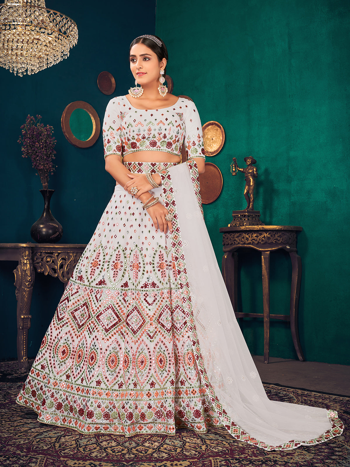 Odette Women White Semi Stitched Lehenga With  Unstitched Blouse