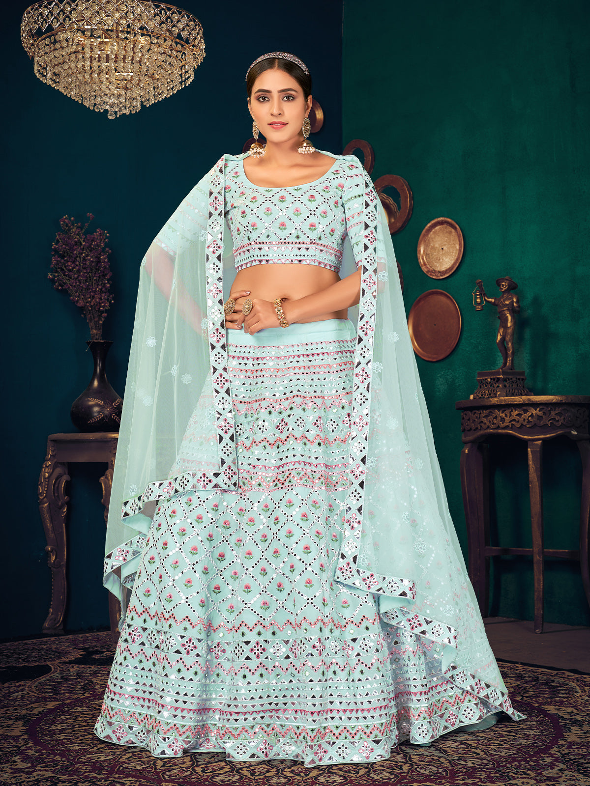 Odette Women Light Blue Semi Stitched Lehenga With  Unstitched Blouse