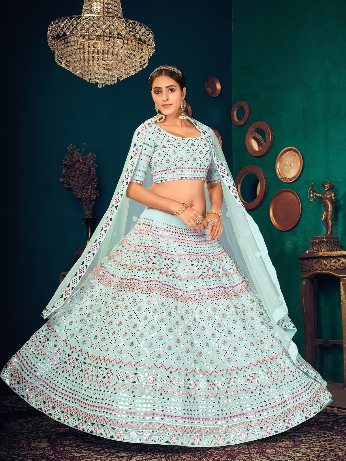 Odette Women Light Blue Semi Stitched Lehenga With  Unstitched Blouse