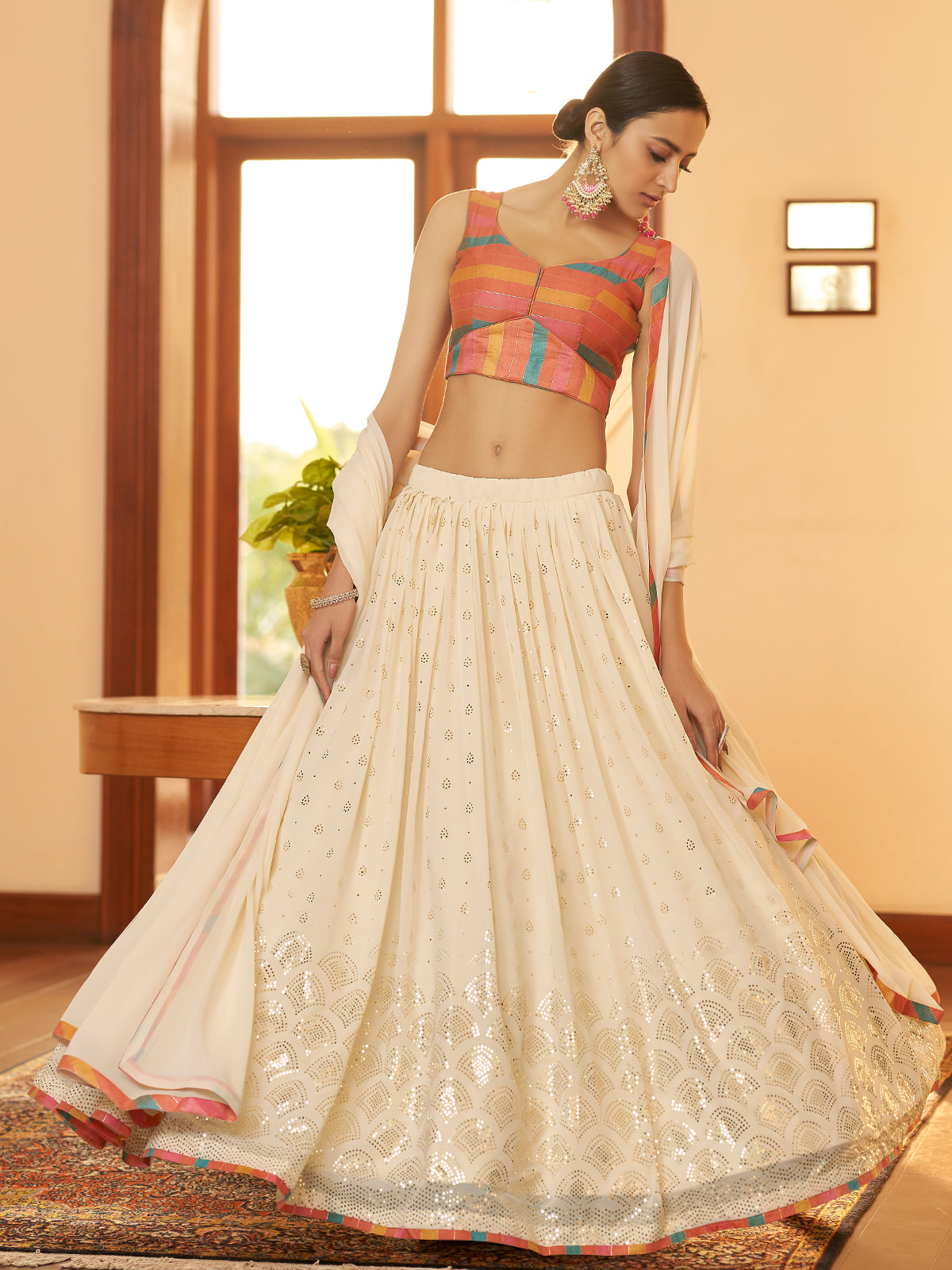 Odette Women Beige Semi Stitched Lehenga With  Unstitched Blouse