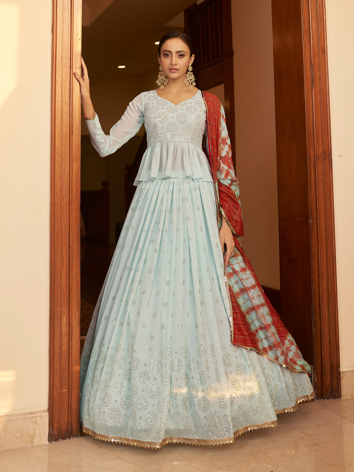 Odette Women Light Blue Semi Stitched Lehenga With  Unstitched Blouse