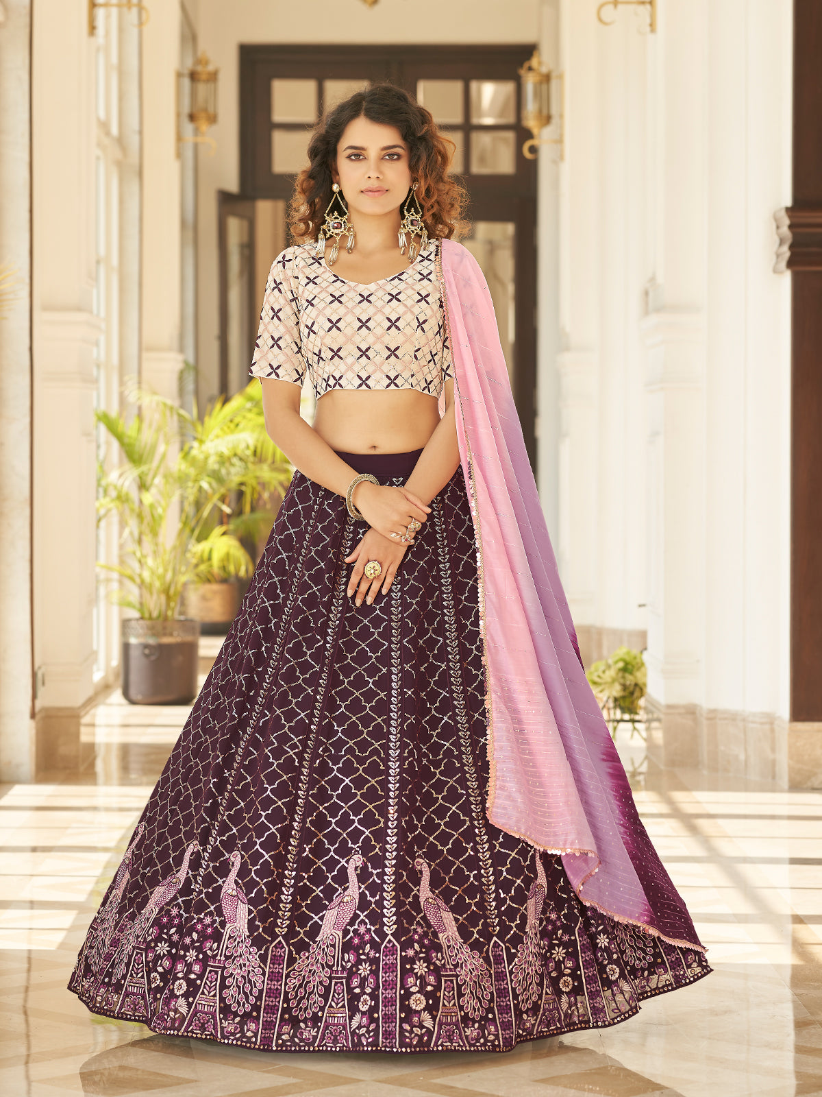 Odette Women Violet Semi Stitched Lehenga With  Unstitched Blouse