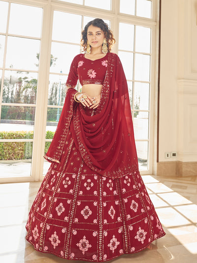 Odette Women Red Semi Stitched Lehenga With  Unstitched Blouse