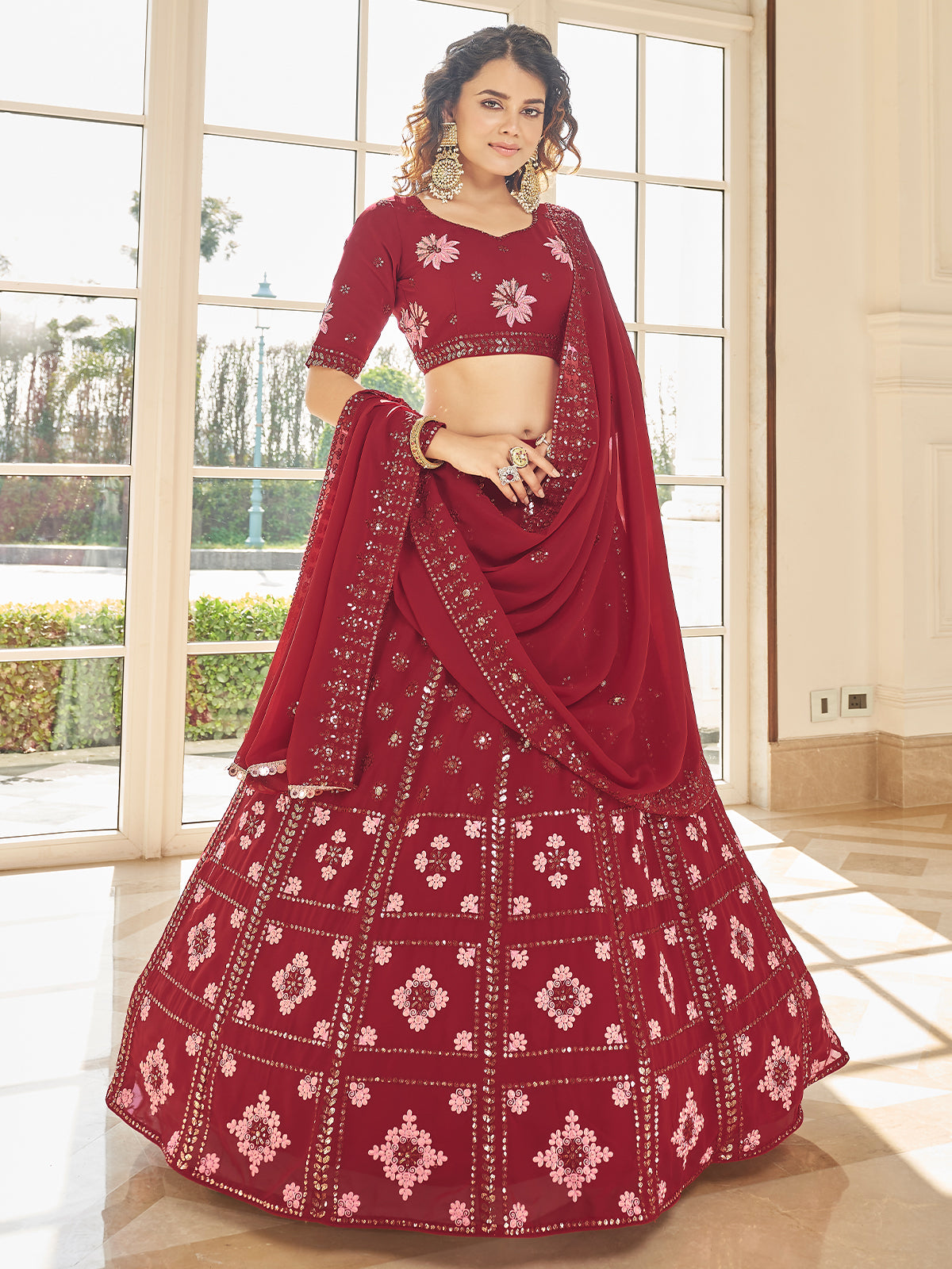 Odette Women Red Semi Stitched Lehenga With  Unstitched Blouse