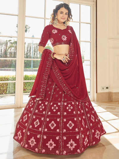 Odette Women Red Semi Stitched Lehenga With  Unstitched Blouse