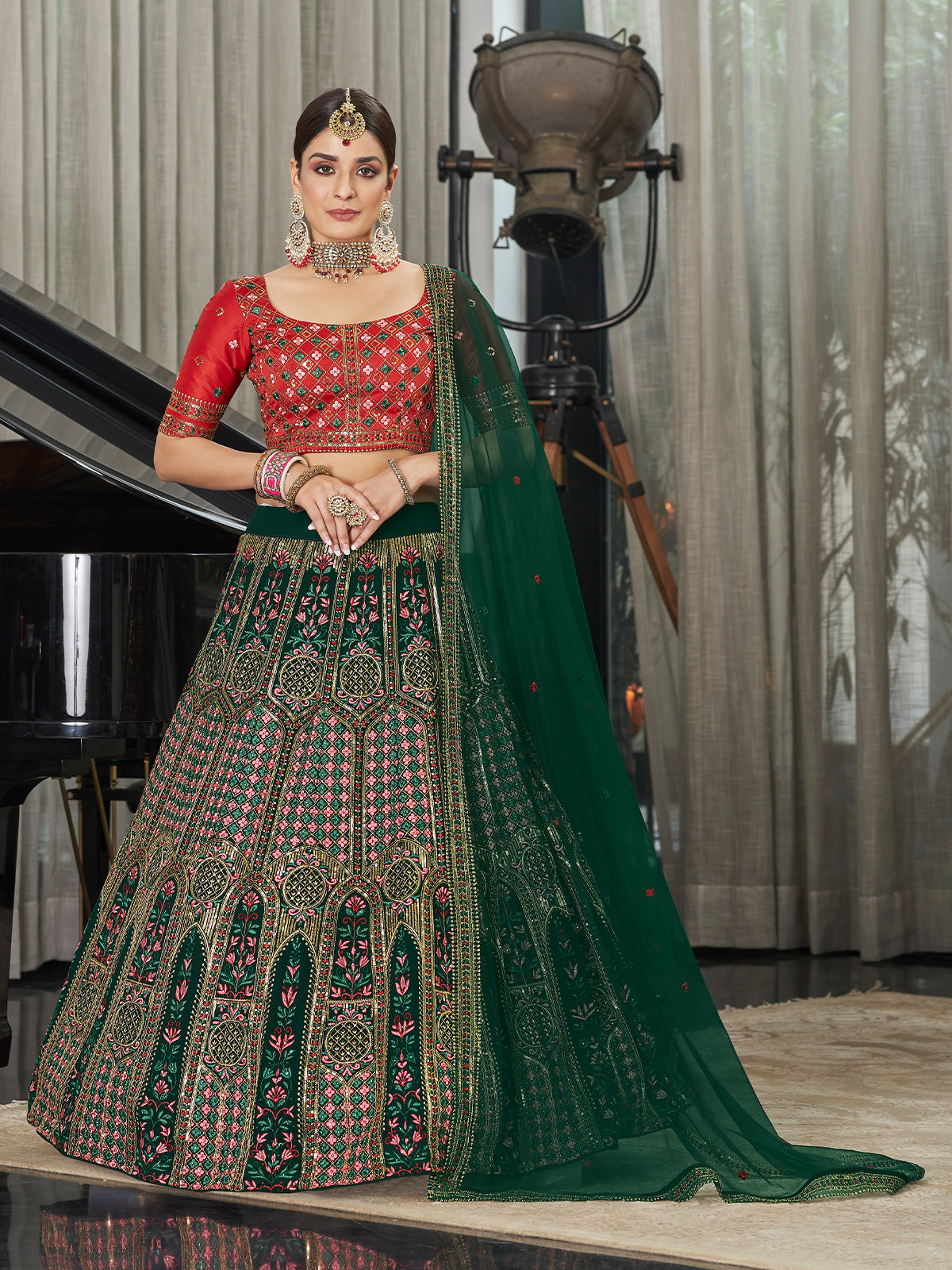 Odette Women Green Semi Stitched Lehenga With  Unstitched Blouse