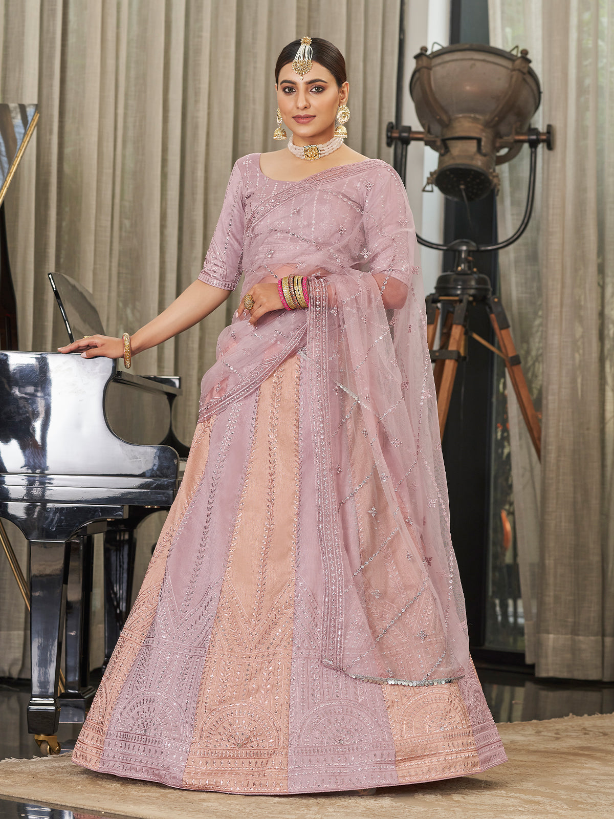 Festive Designer Pink Semi Stitched Lehenga With  Unstitched Blouse