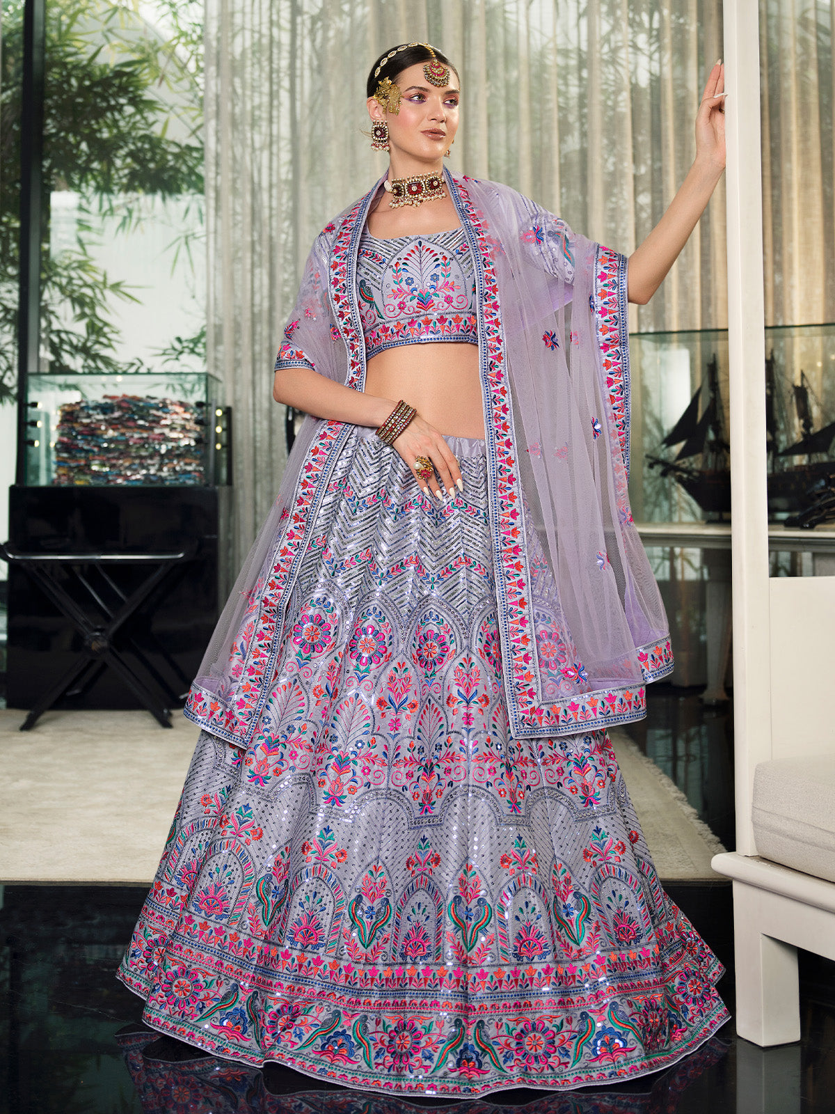 Odette Women Lavender Semi Stitched Lehenga With  Unstitched Blouse