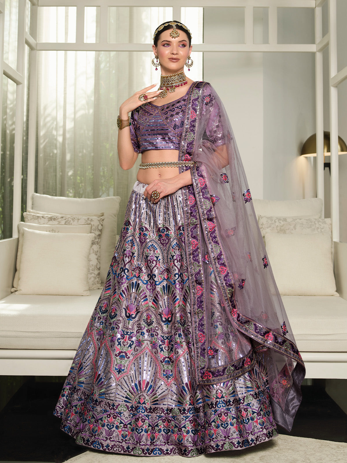 Odette Women Violet Semi Stitched Lehenga With  Unstitched Blouse