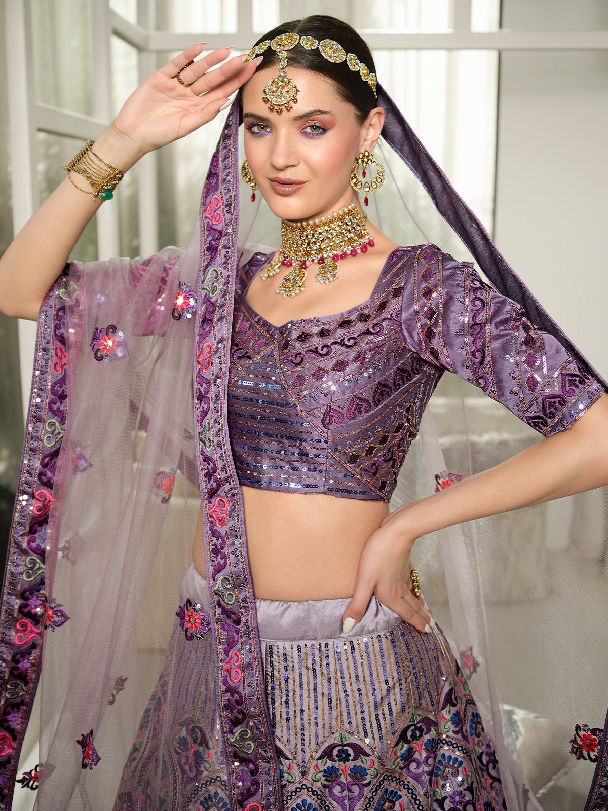 Odette Women Violet Semi Stitched Lehenga With  Unstitched Blouse