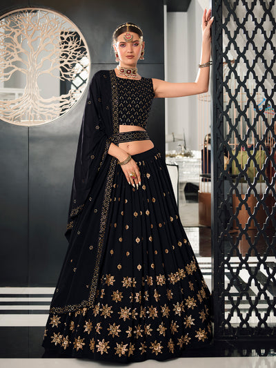 Odette Women Navy Blue Semi Stitched Lehenga With  Unstitched Blouse