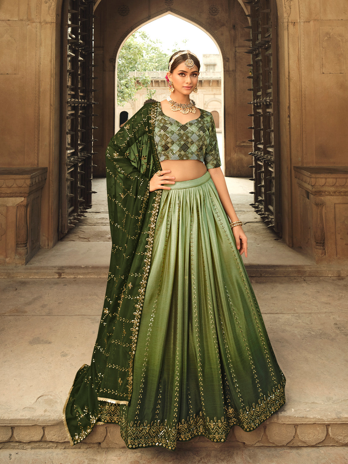 Odette Women Olive Semi Stitched Lehenga With  Unstitched Blouse