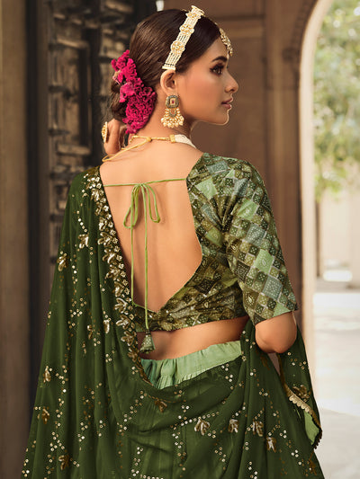 Odette Women Olive Semi Stitched Lehenga With  Unstitched Blouse