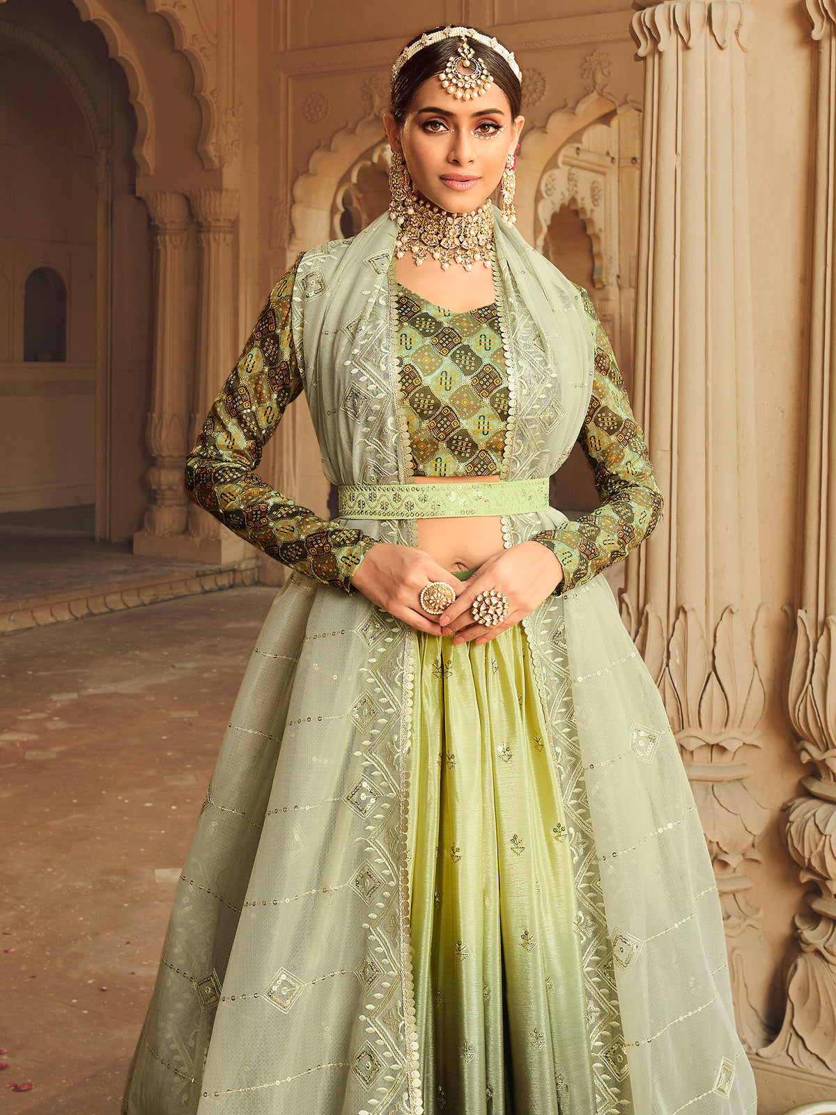 Odette Women Green Semi Stitched Lehenga With  Unstitched Blouse
