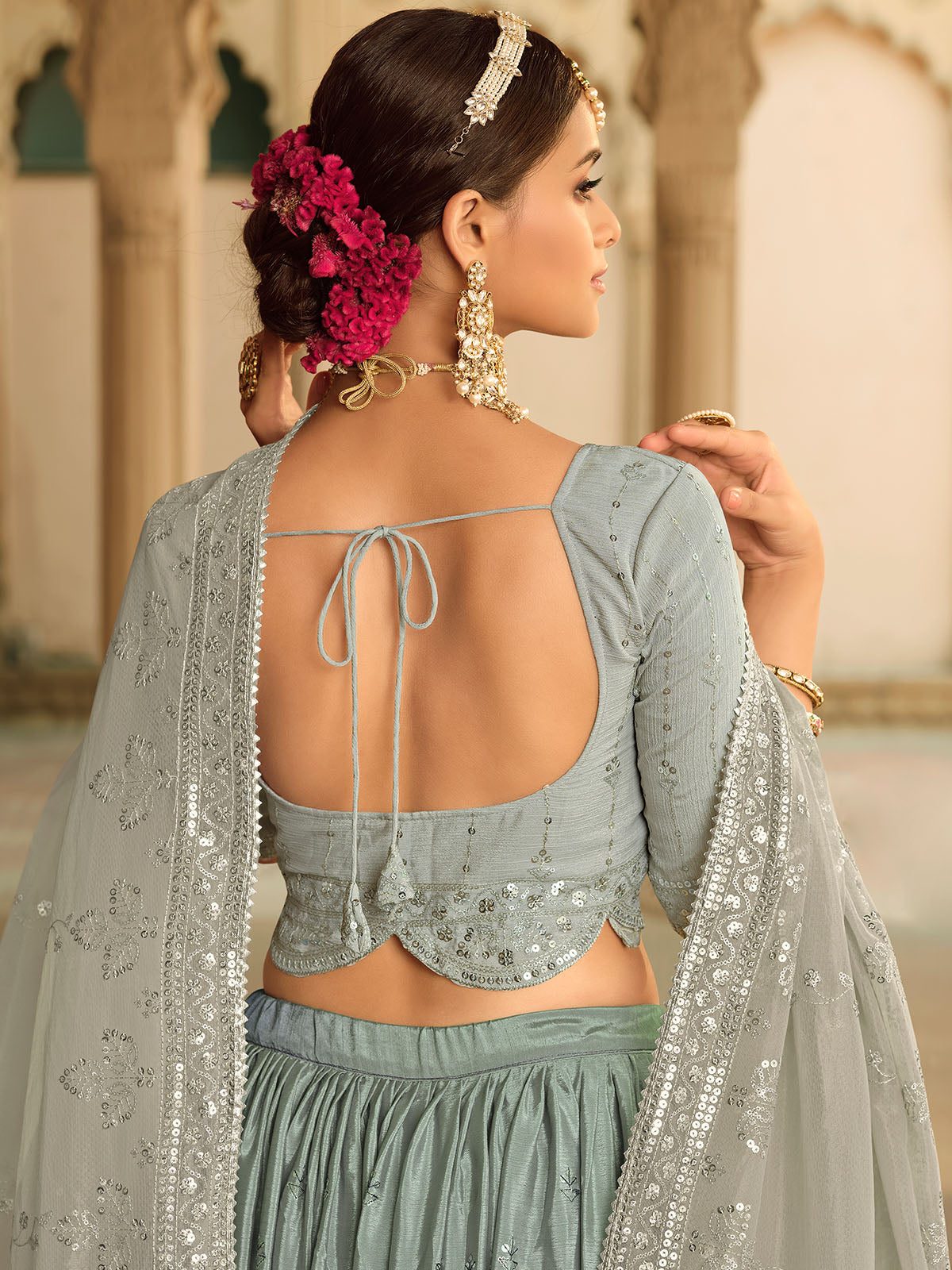 Odette Women Grey Semi Stitched Lehenga With  Unstitched Blouse