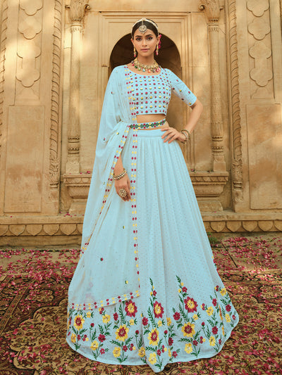 Odette Women Light Blue Semi Stitched Lehenga With  Unstitched Blouse