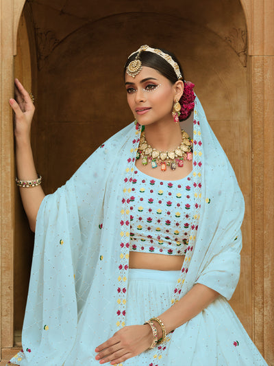 Odette Women Light Blue Semi Stitched Lehenga With  Unstitched Blouse