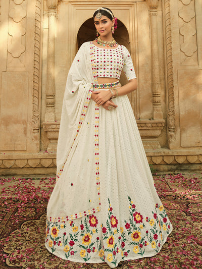 Odette Women White Semi Stitched Lehenga With  Unstitched Blouse