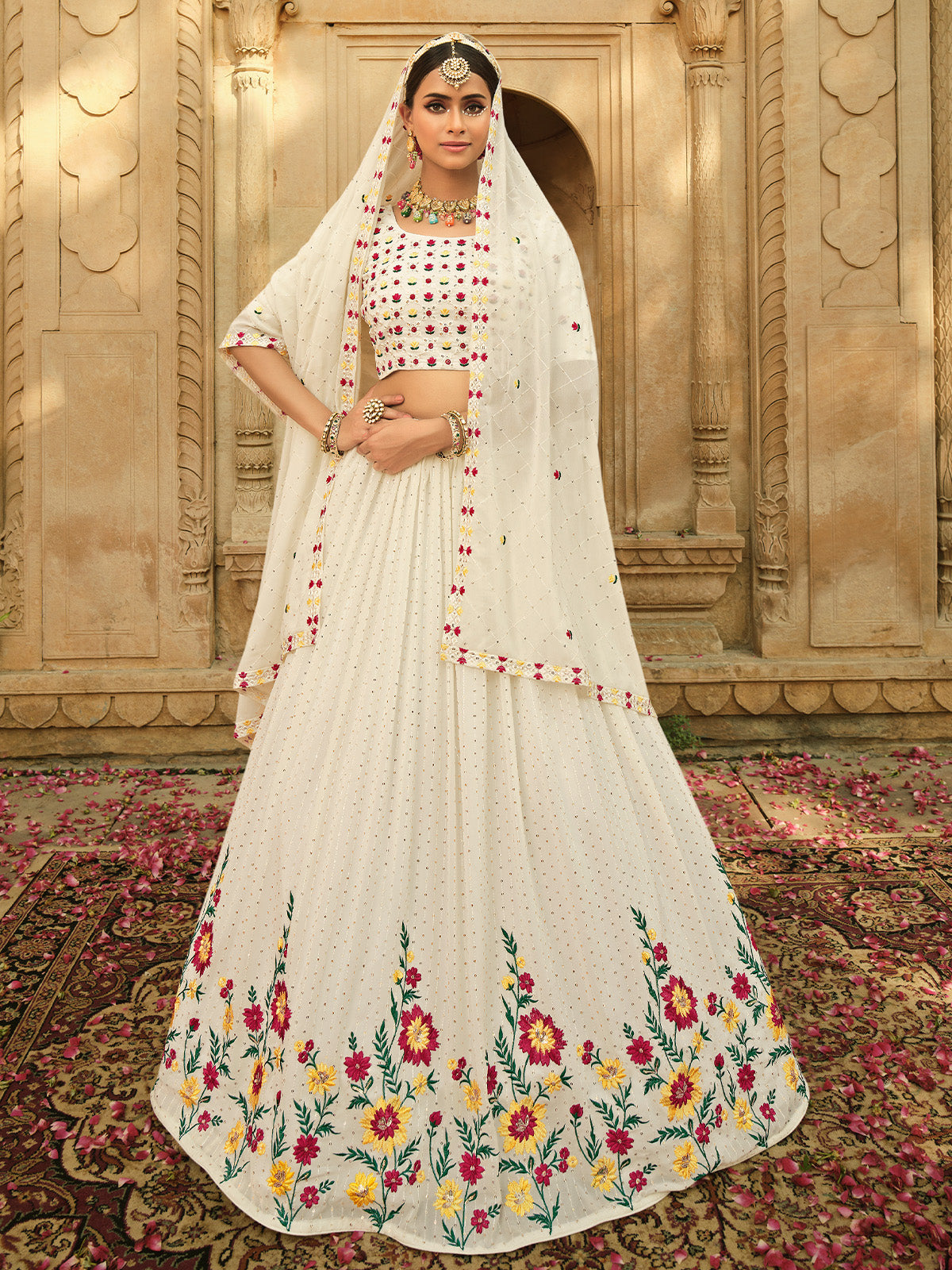 Odette Women White Semi Stitched Lehenga With  Unstitched Blouse