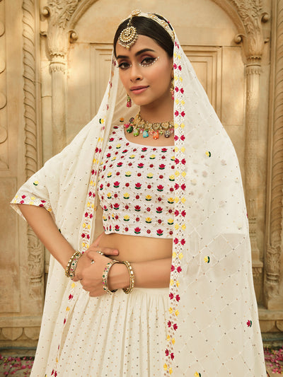 Odette Women White Semi Stitched Lehenga With  Unstitched Blouse