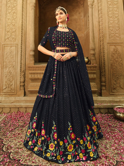 Odette Women Blue Semi Stitched Lehenga With  Unstitched Blouse