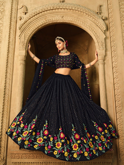 Odette Women Blue Semi Stitched Lehenga With  Unstitched Blouse